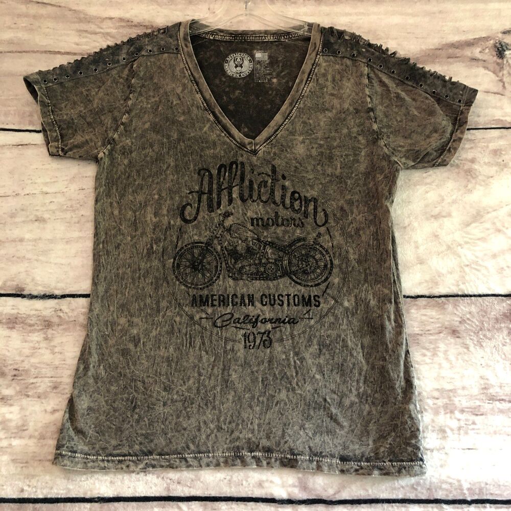 Affliction Shirt Womens L Distressed Gray Raw Edge American Customs Biker Y2k